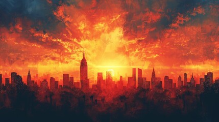 A city skyline is shown with a bright orange sun in the background. The sky is filled with clouds and the sun is setting, creating a warm and peaceful atmosphere