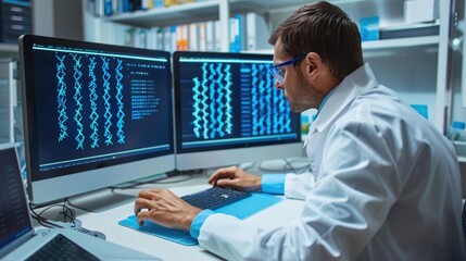 Scientist analyzing dna data on computer in laboratory