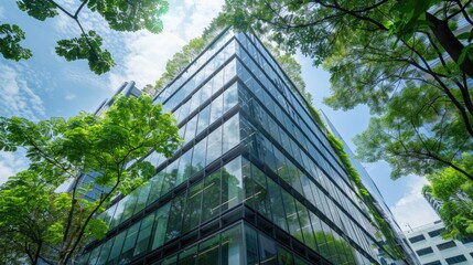 Sustainable green building. Eco-friendly building in modern city. ESG. Sustainable glass office building with green tree. Office with green environment. Corporate sustainability. Net zero emission