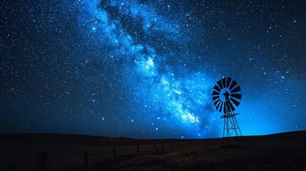 A windmill is in the middle of a field of grass. The sky is dark and the stars are shining brightly