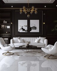 Modern luxury interior design featuring a living room with black walls and white marble floors