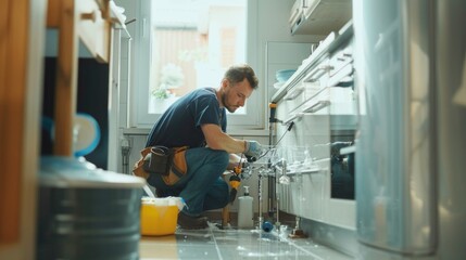 Kitchen, maintenance and renovation with a plumber on the floor of a home to fix a leak, issue or problem. Plumbing, repair and tools with a handyman or contractor working on a pipeline in a house - obrazy, fototapety, plakaty