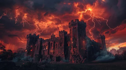 Fotobehang A castle is surrounded by a storm with lightning bolts striking it. The castle is old and has a spooky atmosphere © Rattanathip