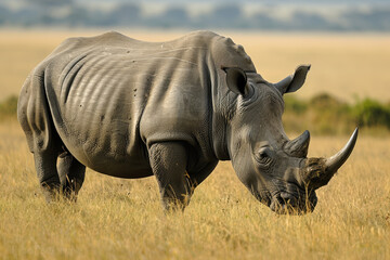 A rhino is eating grass in a field - obrazy, fototapety, plakaty