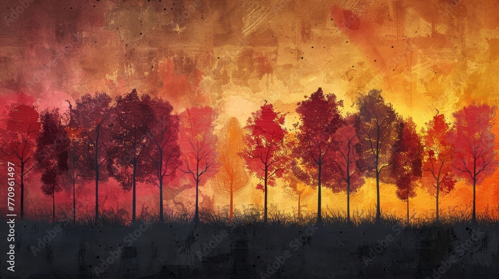 Poster a painting of a forest with trees in various stages of autumn. the trees are painted in different sh