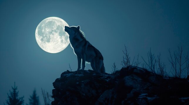A wolf is standing on a rock in front of a full moon. The image has a mysterious and eerie mood, as the wolf's howl echoes in the darkness. The full moon adds to the sense of mystery