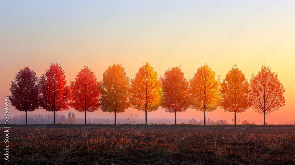 Poster a row of trees with leaves of different colors, including orange and yellow. the trees are lined up 
