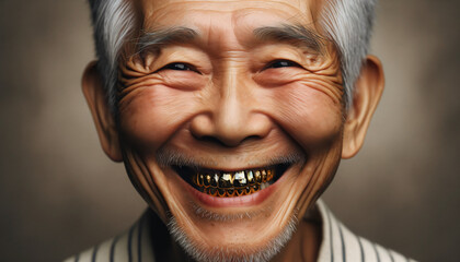Close-up portrait of Chinese old man with golden teeth - obrazy, fototapety, plakaty