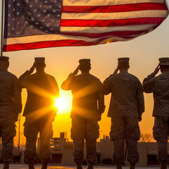 USA army soldiers saluting on a background of sunset