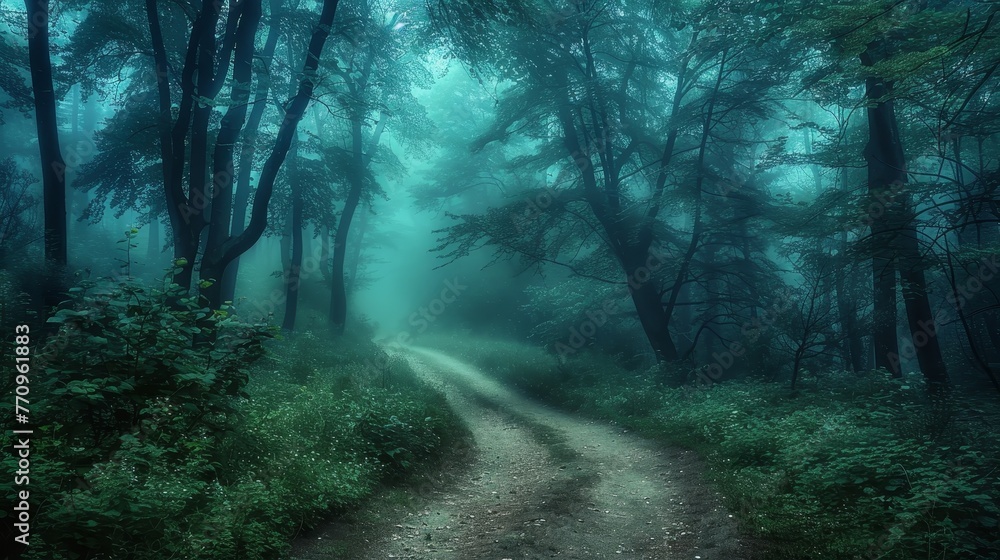 Poster a forest path is shown in the dark with trees and a misty atmosphere. the path is narrow and winding