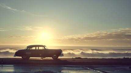 Fototapeta na wymiar A vintage car is parked on the side of a road near the ocean. The sun is setting, casting a warm glow over the scene. The car is the main focus of the image, and it is a classic model