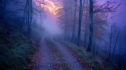 Obraz premium A foggy forest road with trees in the background. The road is covered in leaves and the sky is a deep purple