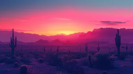 Fotobehang A desert landscape with a pink and purple sky. The sun is setting and the sky is filled with clouds. The desert is full of cacti and the landscape is very dry © Rattanathip