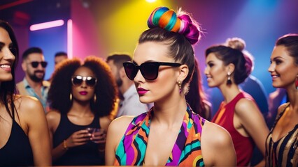 Close-up portrait of a partying girl wearing heart-shaped sunglasses
