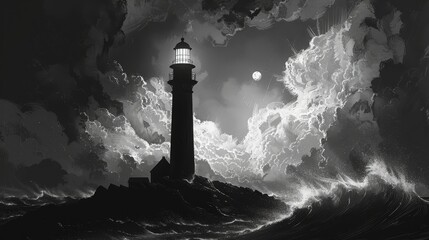 A lighthouse is shown in the middle of a stormy sea. The lighthouse is surrounded by crashing waves and the sky is dark and cloudy. Scene is one of danger and uncertainty