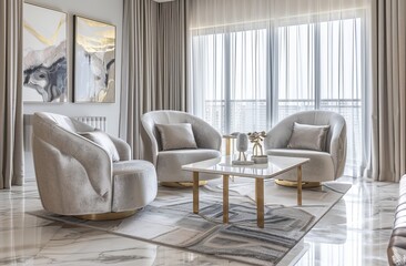 Fototapeta premium Modern luxury living room with neutral color scheme, light gray velvet fabric armchairs and gold metal coffee table