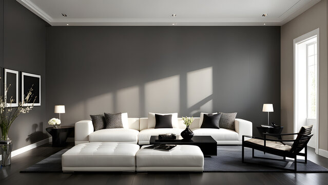 An image of an interior living room space with black as the main color and a sofa placed there. Generative AI.