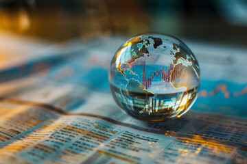 A crystal globe placed over financial charts from newspapers