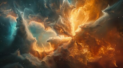 A colorful space scene with orange and blue clouds. Concept of wonder and awe at the vastness and beauty of the universe - obrazy, fototapety, plakaty