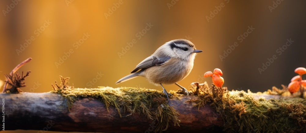 Poster a small songbird with colorful feathers is perched on a mossy twig, its beak slightly open as it sin