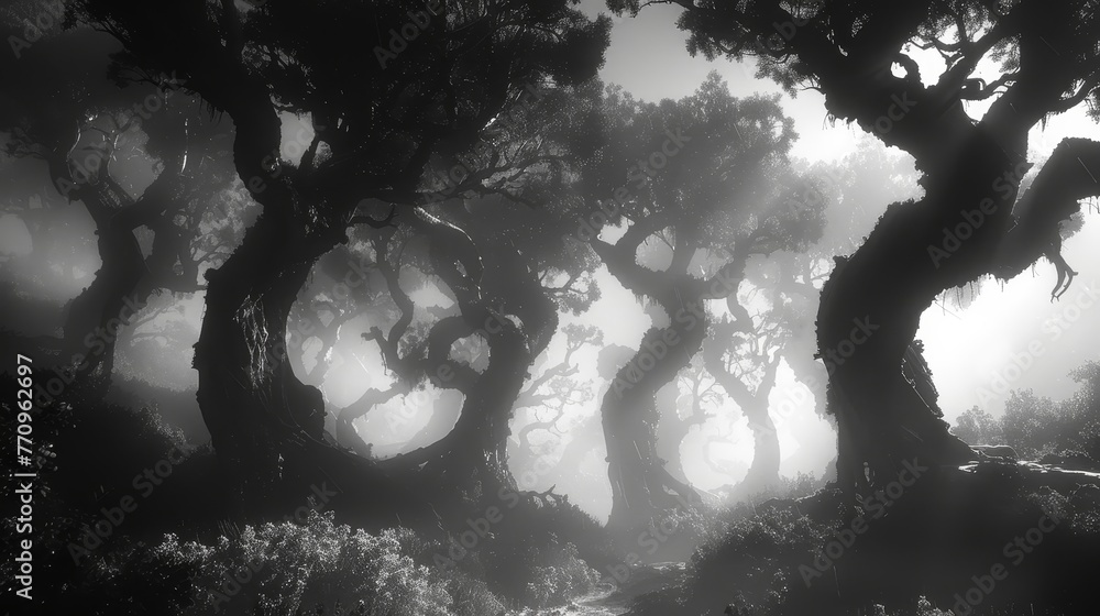 Aufkleber a forest with trees that are twisted and gnarled. the trees are dark and the sky is cloudy. scene is