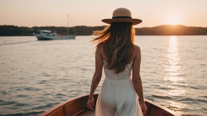 Fototapeta premium Young woman standing on the bow of a boat enjoying the sea view at sunset