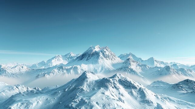 A snowy mountain range with a clear blue sky. The mountains are covered in snow, and the sky is a bright blue color. Concept of tranquility and peacefulness