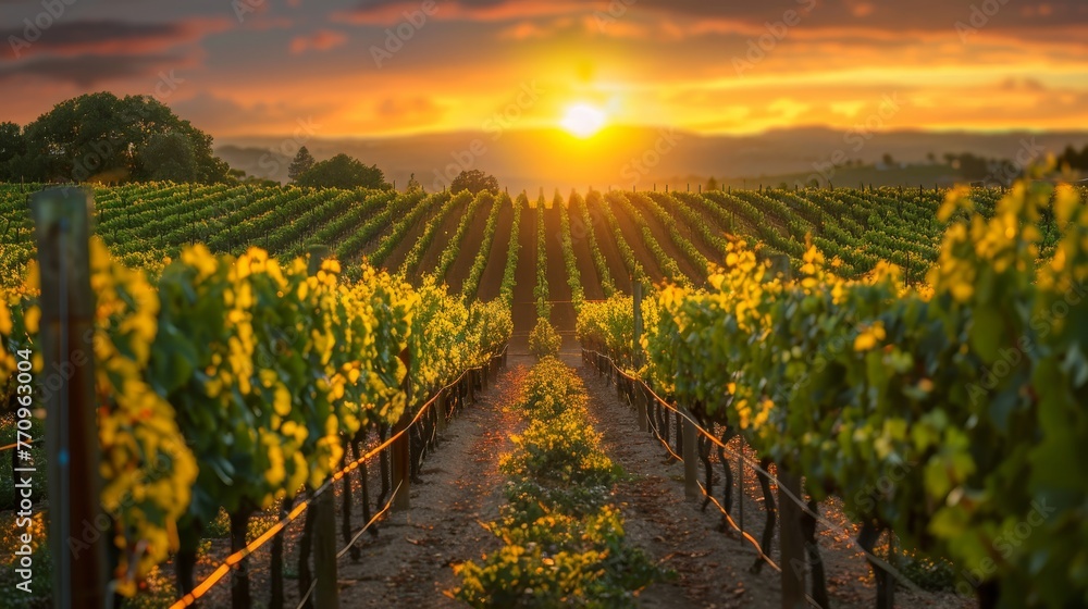 Aufkleber a vineyard with rows of vines and a sun setting in the background. the sun is setting behind the hil
