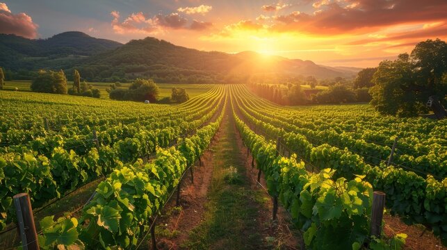 A field of grape vines with a beautiful sunset in the background. The sun is setting behind the hills, casting a warm glow over the vineyard. The vines are lush and green