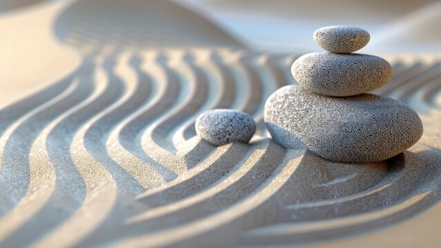 A series of rocks are arranged in a line on a sandy beach. The rocks are small and grey, and they are placed in a way that creates a sense of balance and harmony. The scene evokes a feeling of calm