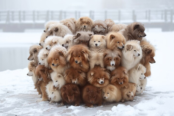 A group of dogs in winter
