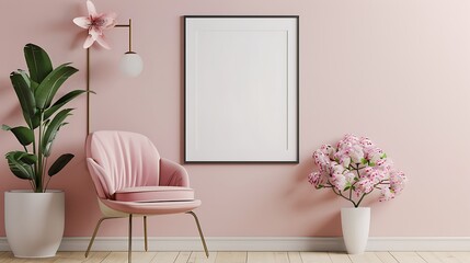 Mockup poster frame in modern interior beige room with pink chair decoration and flower