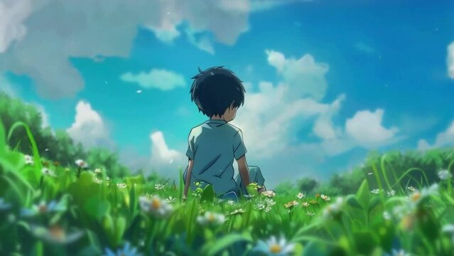 A boy sits in the green meadow and looks around, in the style of anime art, lush scenery, loop 4k animation.