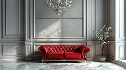 Modern classic interior with red sofa moldings and decor