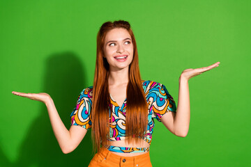 Photo portrait of attractive young woman hold look compare empty space dressed stylish retro...