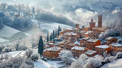 A snowy village with a church in the background. The snow is covering the trees and houses. The scene is peaceful and serene