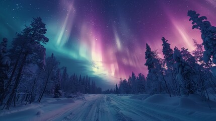 A beautiful night sky with aurora lights and trees in the background. The sky is filled with a mix of colors, including purple, blue, and green. The scene is serene and peaceful