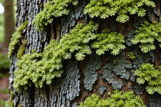 Close up of lichen squamulose growing on the north side of a tree trunk in Lyon Arboretum
