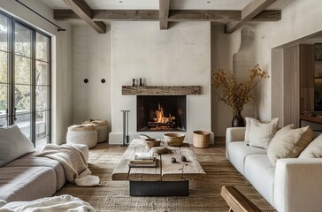Living room with fireplace, sofa and coffee table in neutral tones