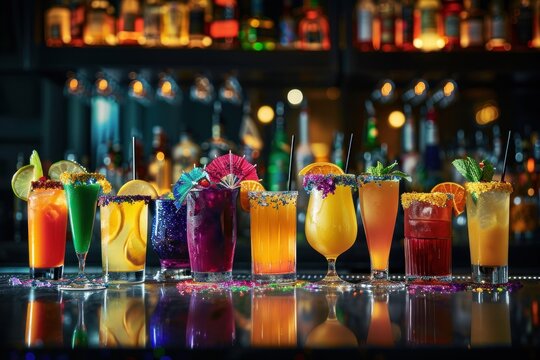A colorful array of Mardi Gras themed cocktails on a bar with festive decorations.