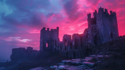 A castle with a pink sky in the background. The castle is old and abandoned
