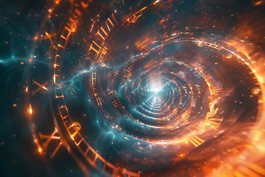 Merge the enigma of time travel theories with captivating visuals in a lowangle view graphic Illuminate the complexities and implications through a creative lens, inviting viewers to ponder the myster