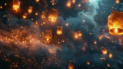 A bunch of lit candles are flying in the sky - obrazy, fototapety, plakaty
