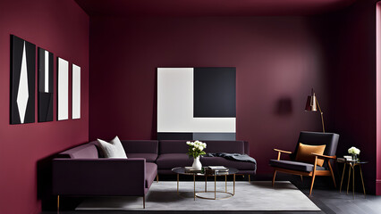 This is an image of a living room interior with red and burgundy as the main colors. generative ai.