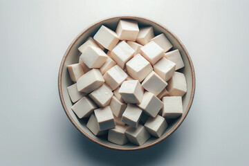 Overhead view of fresh cubed tofu in a deep bowl