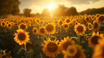 A field of sunflowers with the sun shining on them. The sunflowers are in full bloom and are scattered throughout the field. The scene is peaceful and serene