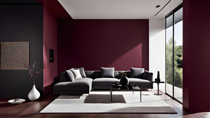 This is an image of a living room interior with red and burgundy as the main colors. generative ai.
