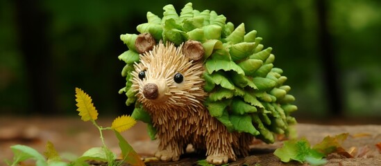 A hedgehog sculpture made from pine cones sits atop a rock in a grassy field, blending seamlessly with its terrestrial plant surroundings - Powered by Adobe
