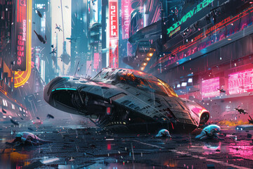 A futuristic cityscape with a crashed spaceship - obrazy, fototapety, plakaty