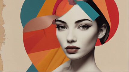 Abstract collage art composition of beautiful woman portrait, colorful wallpaper modern art.